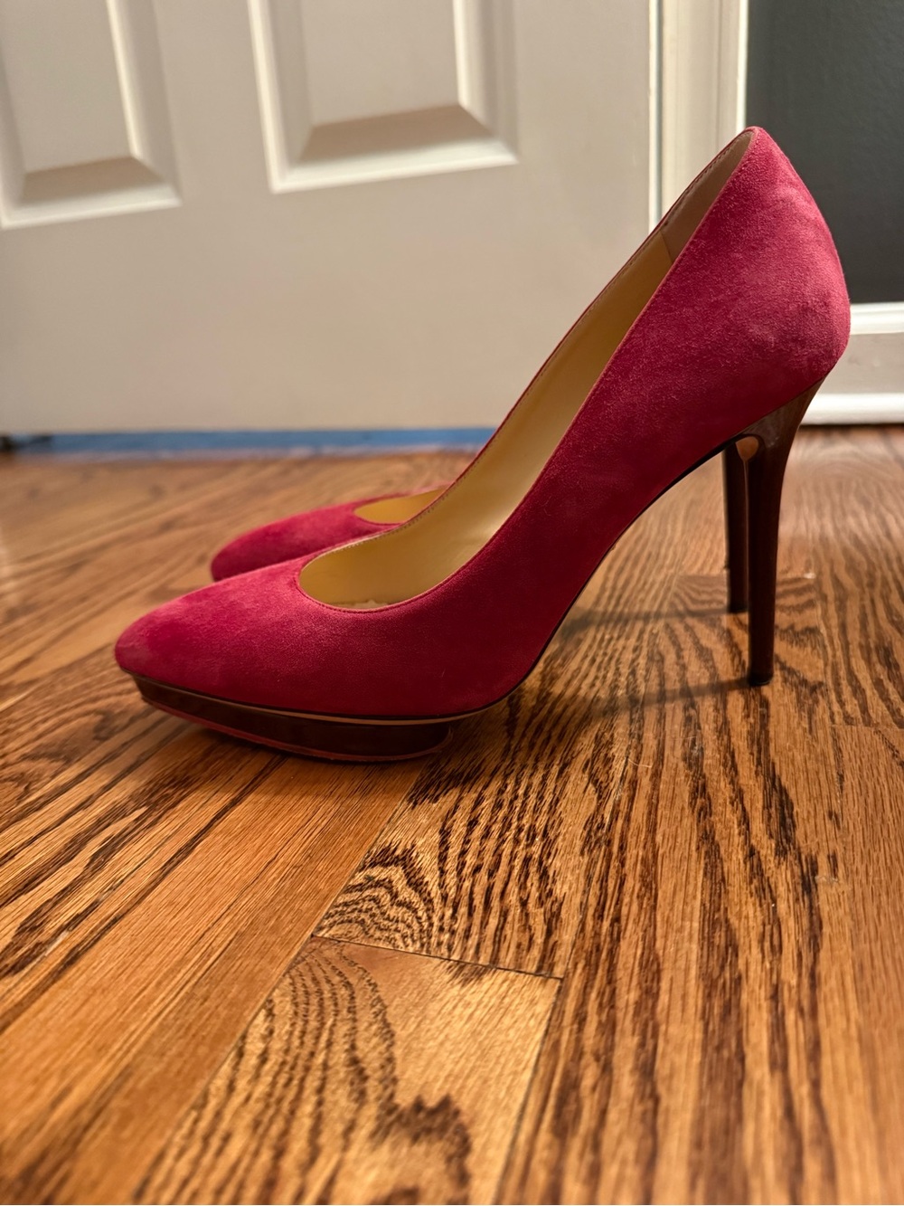 Charlotte Olympia Dolly Raspberry Pink Suede Platform Pumps EU 38